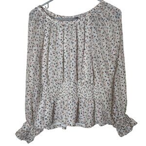 Ann Taylor Floral Smocked Peplum Blouse S Ivory Long Sleeve Coastal Cowgirl Top